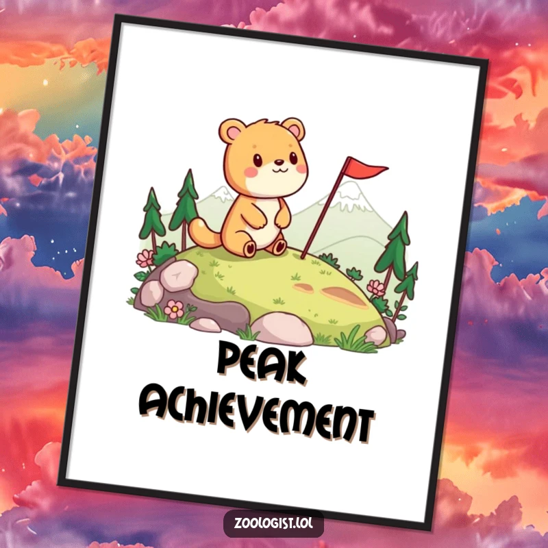 Funny poster art of a cheerful animal surveying a landscape and planting a flag, creating a humorous and inspiring scene.