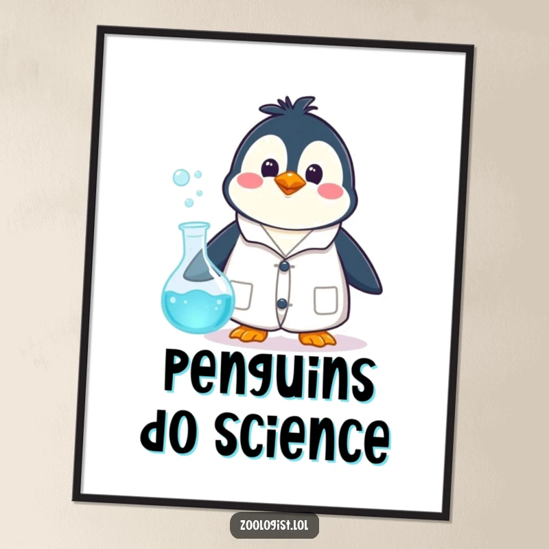 Funny happy penguin character in a lab coat, surprised by a bubbling beaker, humorous wall art for science enthusiasts.