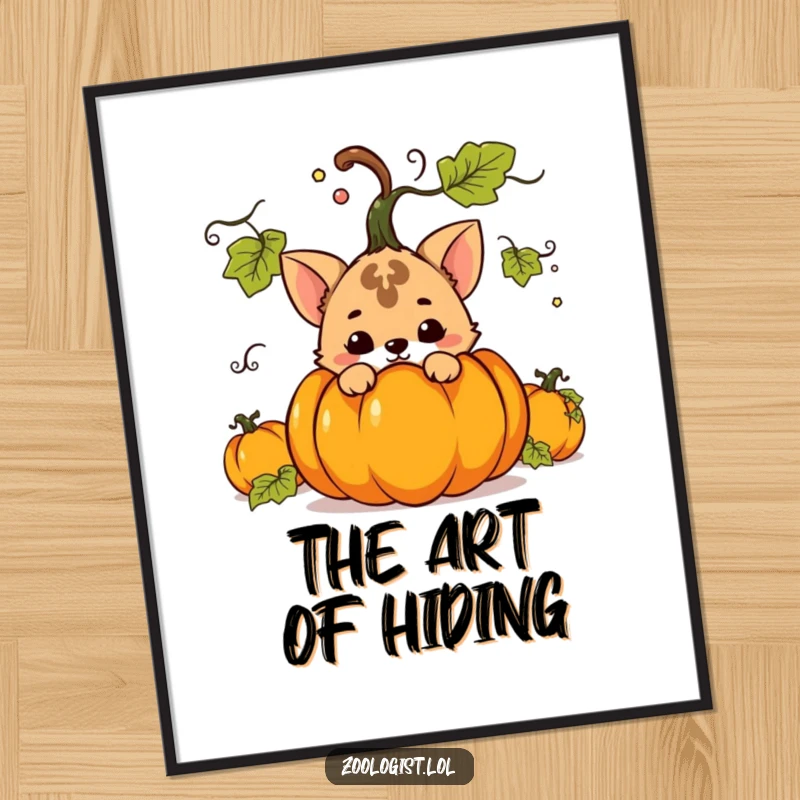 Funny poster art of a mischievous animal hiding behind a large houseplant, capturing a moment of playful suspense and humor.