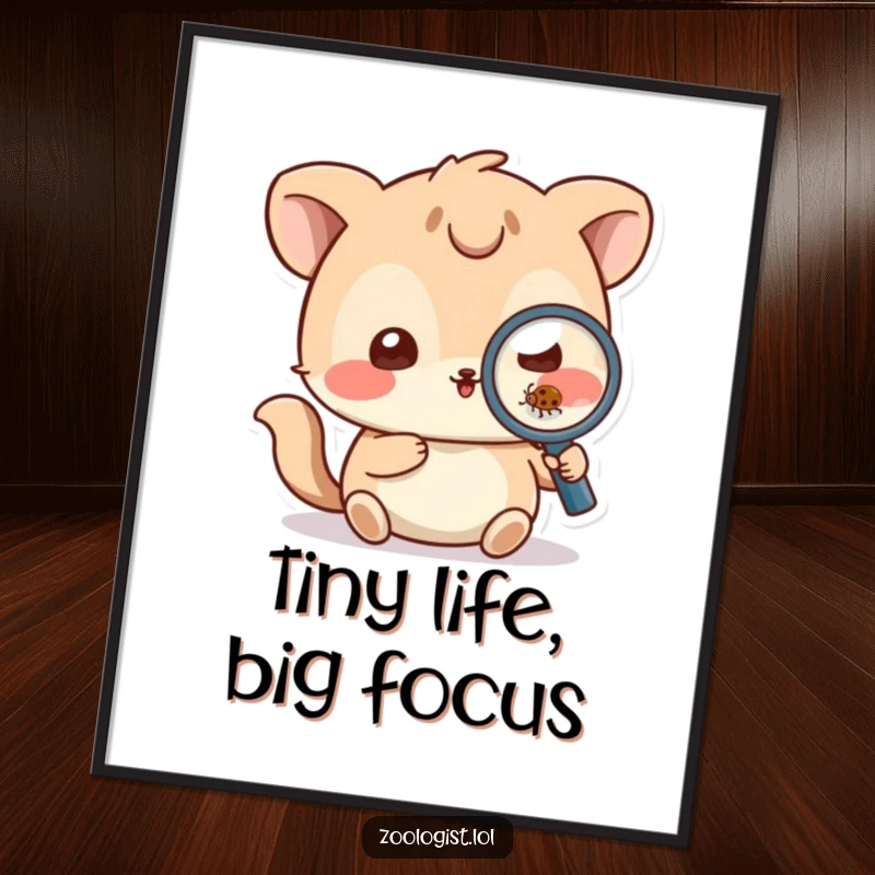 Funny Poster: Playful animal character uses a magnifying glass to closely inspect a small bug, adding whimsical decor.