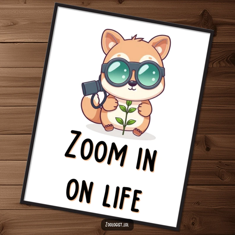 Funny cute animal zoologist with oversized binoculars peering at a tiny plant, nature art, science humor, perfect funny gift.