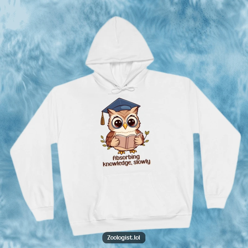 Funny Kawaii Owl Zoologist Hoodie: A wise owl student in a graduation cap reads a book, offering funny warmth.