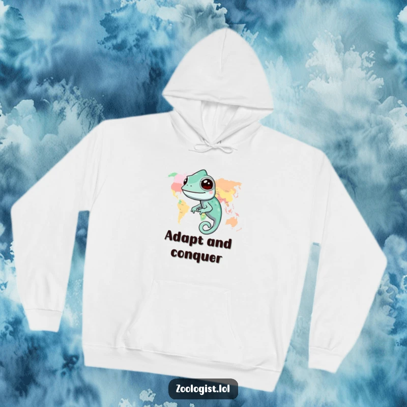 Funny chameleon hoodie showing a happy chameleon seamlessly integrated into a vibrant and detailed world map design.