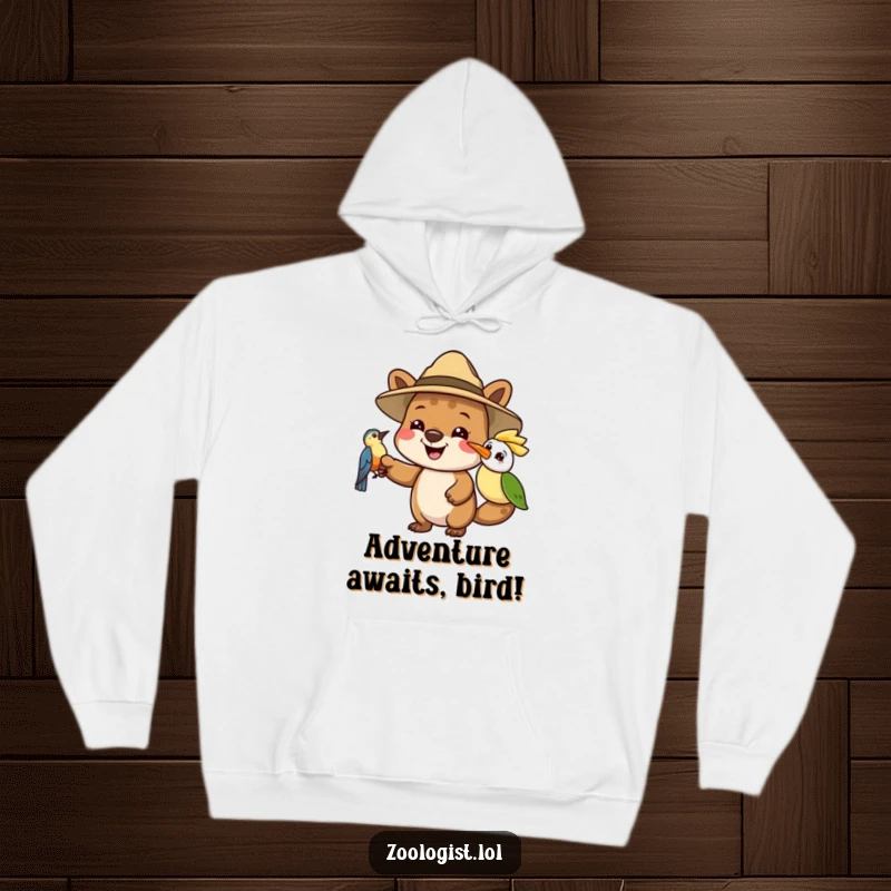 Funny hoodie with a cheerful animal character in a safari hat pointing at a bird, symbolizing adventure and curiosity in a cozy design.