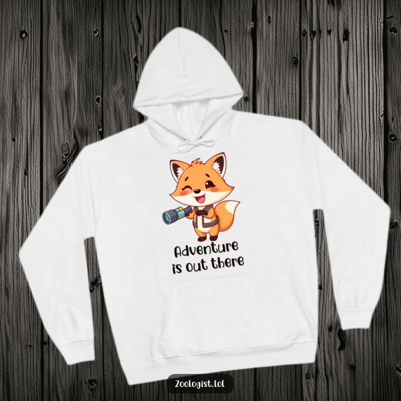 Funny fox hoodie, an excited fox wearing binoculars and pointing zealously, perfect for staying warm during outdoor explorations.
