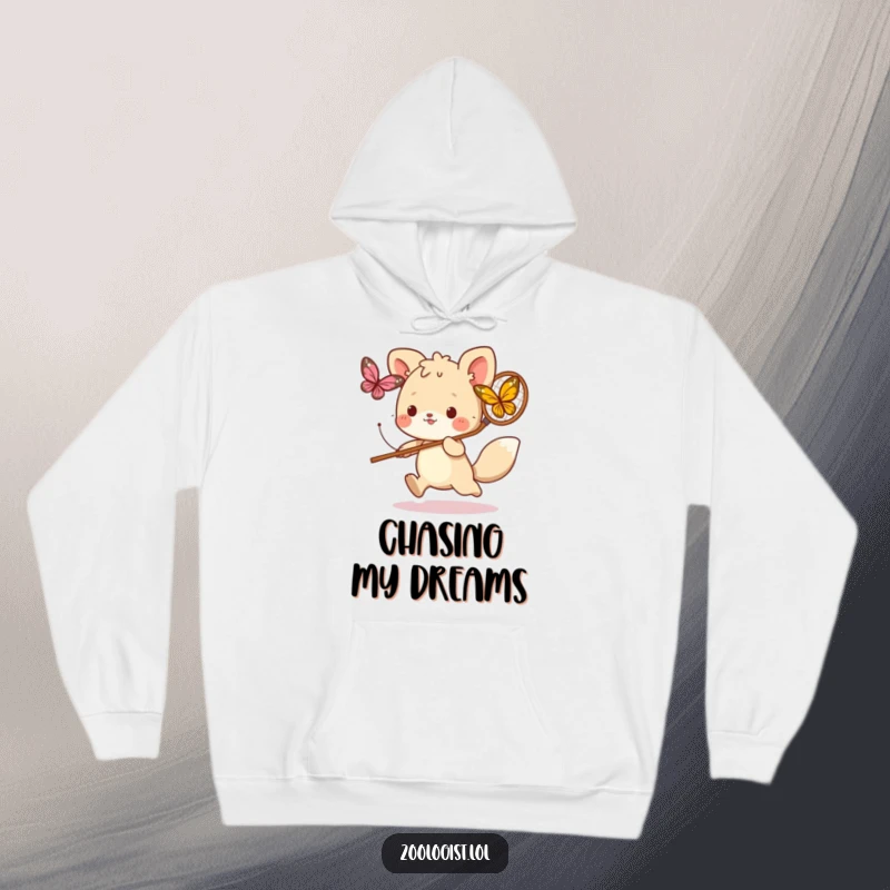 Funny hoodie showcasing a cute animal character gleefully chasing a butterfly with a net, radiating energetic fun and lighthearted pursuit.
