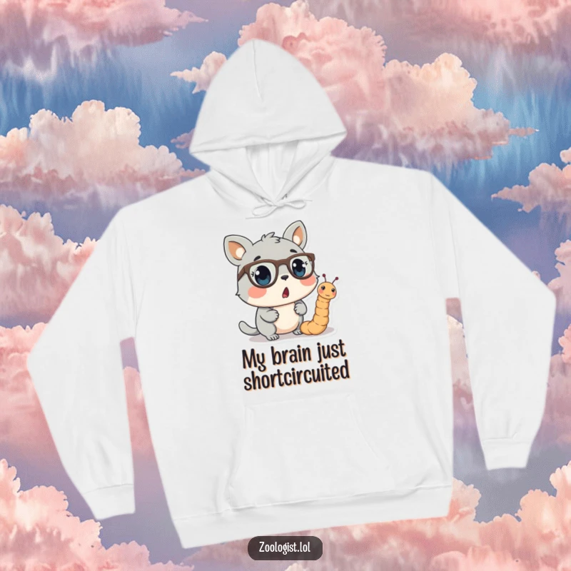 Funny hoodie depicting a startled animal character observing a worm that has put on tiny spectacles, a comical and cozy design.