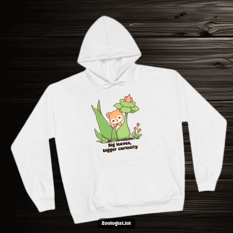 Funny hoodie showing a cute animal adventurer curiously investigating a gigantic, leafy plant, radiating playful curiosity and warmth.