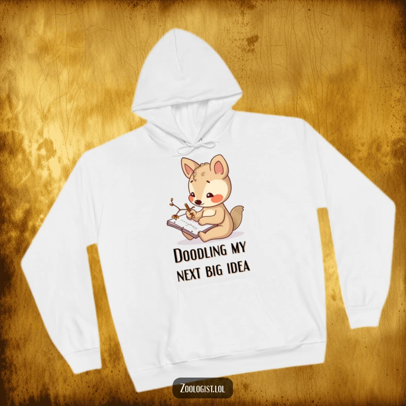 Funny hoodie featuring a curious animal character sketching in a notepad with a twig, a perfect blend of comfort and artistic inspiration.