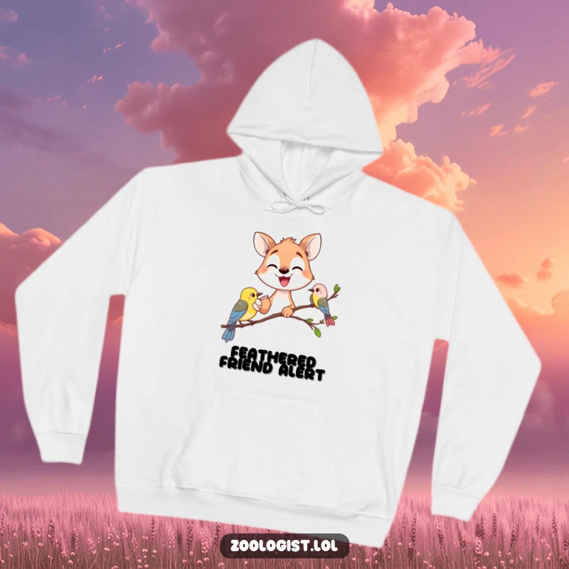 Funny happy animal gazer pointing excitedly at a small bird, cozy hoodie, nature exploration, perfect funny gift.