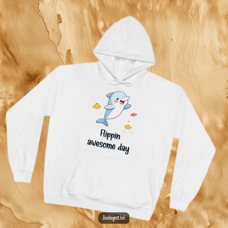 Funny hoodie print of a delighted dolphin leaping energetically above the water, eyes fixed on the fish below, embodying pure exhilaration.
