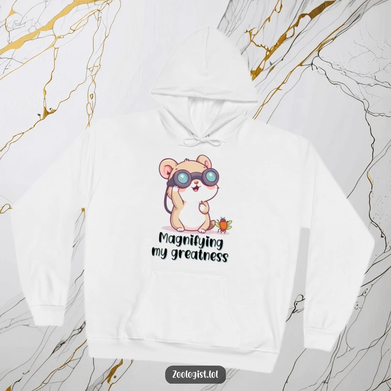 Funny hoodie depicting a small animal character cheerfully using binoculars to observe a tiny bug, ideal for cozy nature trips.