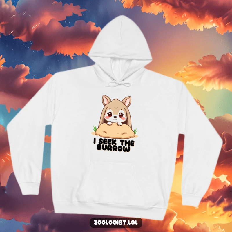 Funny Hoodie: A kawaii animal character peering into a burrow with a quizzical expression, full of thoughtful curiosity.