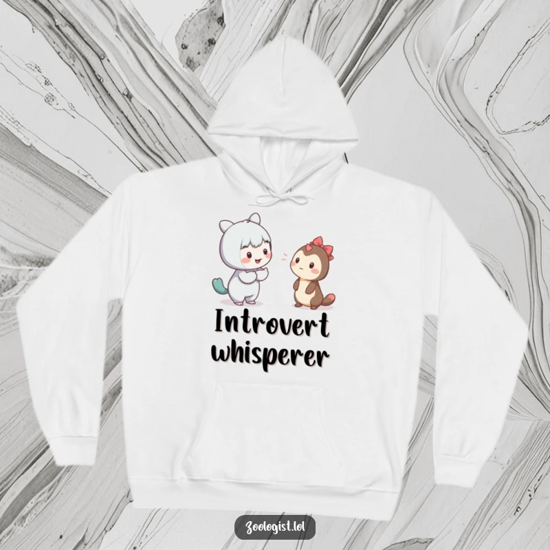 Funny hoodie featuring a character making a gentle effort to communicate with a shy creature, perfect for warm hugs.