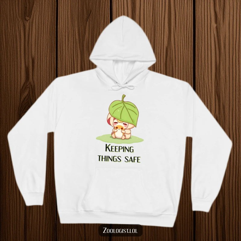 Funny character sheltering a small animal under a leaf, featured on a soft and warm hoodie symbolizing care.