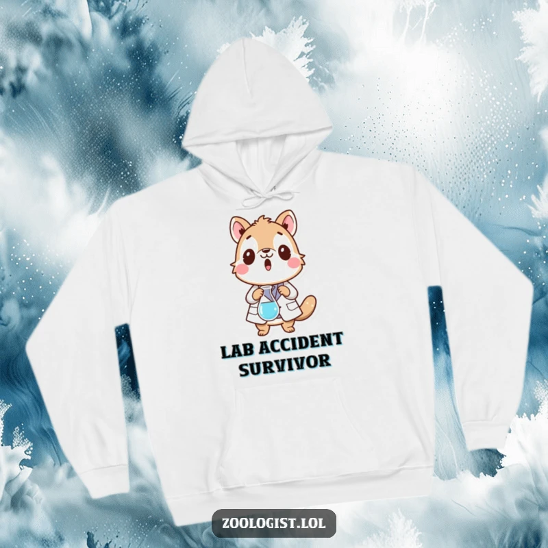 Funny hoodie featuring a surprised animal character in a lab coat dropping a beaker, offering warmth and scientific mishap humor.
