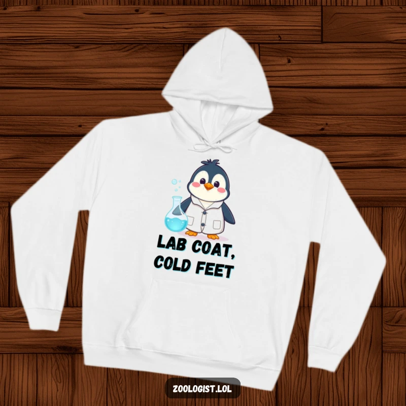 Funny happy penguin character in a lab coat, surprised by a bubbling beaker, featured on a cozy hoodie, a humorous gift idea.