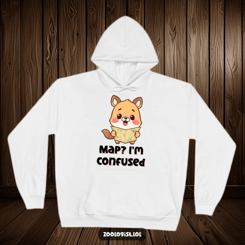 Funny hoodie featuring a cute animal character looking utterly surprised at a map, perfect for cozying up after a confusing adventure.