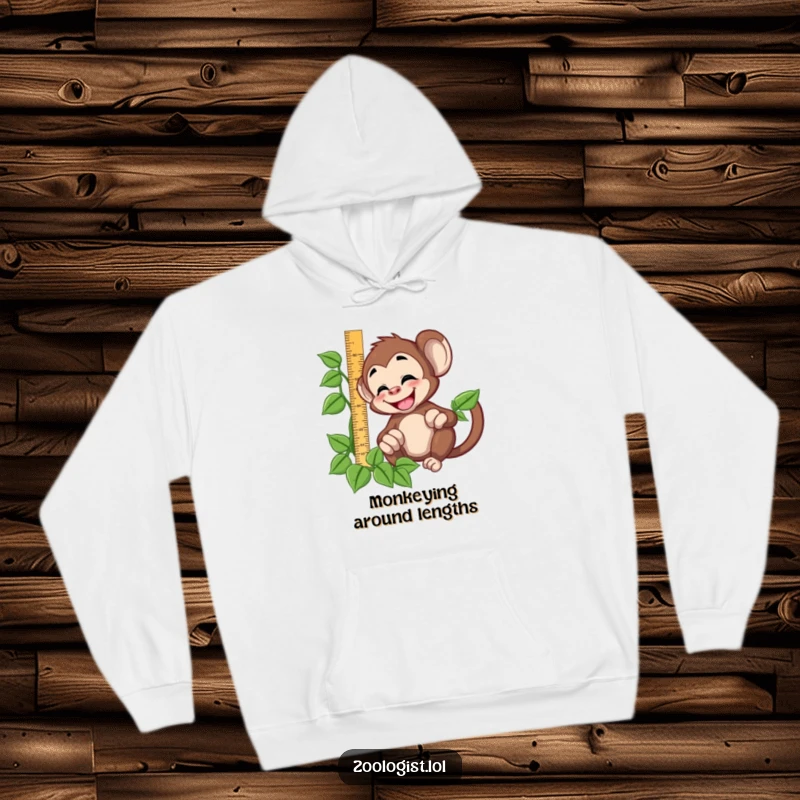 Funny giggling monkey character trying to measure a vine with a ruler, featured on a cozy hoodie, a humorous gift idea.