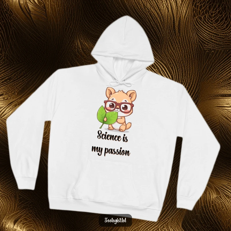 Funny Hoodie: Adorable animal character in large glasses, peering intently at a leaf, showcasing a funny intellectual vibe.