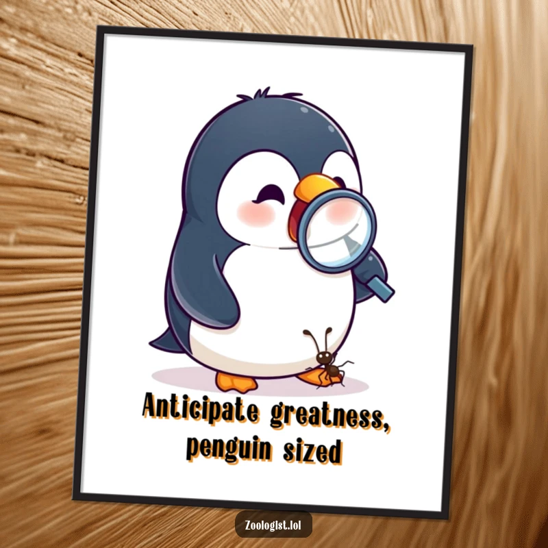 Funny Free Printable Wall Art: Excited penguin observing a tiny ant with a magnifying glass, focusing on the little things.