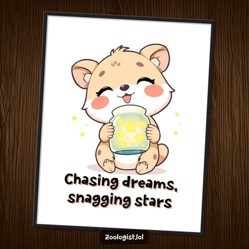 Funny Free Printable Wall Art: A cute animal character joyfully giggling while holding a luminous jar filled with bright fireflies.