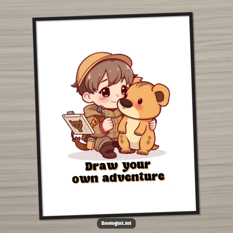 Funny Free Printable Wall Art: Character intently sketching a detailed animal in a nature field guide with a smile.