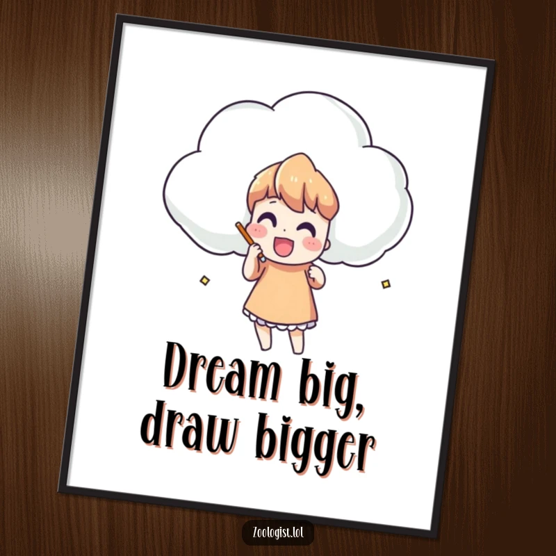 Funny Free Printable Wall Art: Character enthusiastically sketching a bizarrely shaped cloud, bringing unique downloadable humor to your walls.