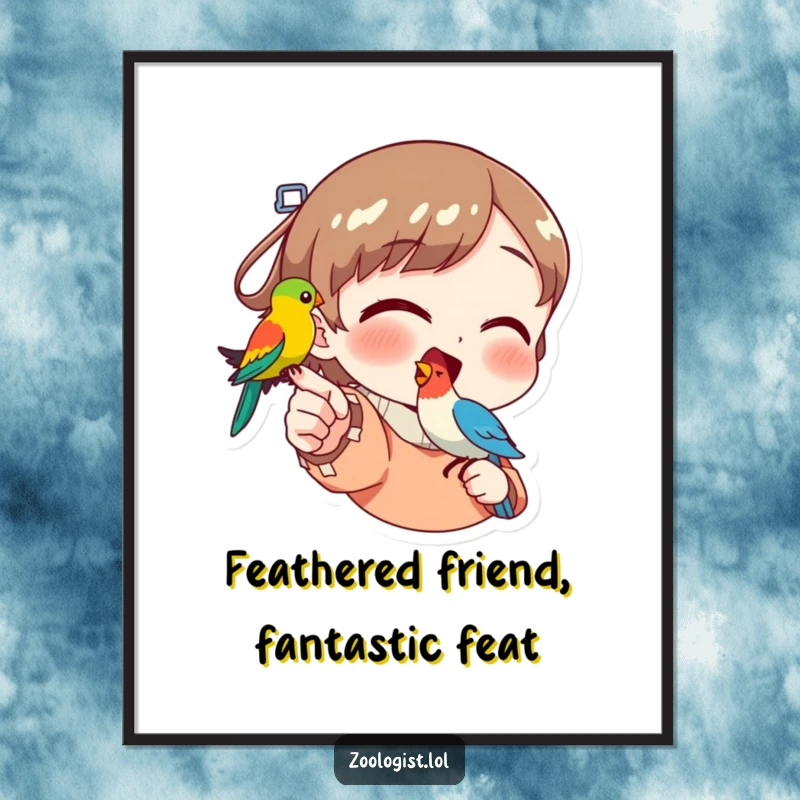 Funny Free Printable Wall Art: Excited character showing off a small, vibrant bird on their finger, charming decor.