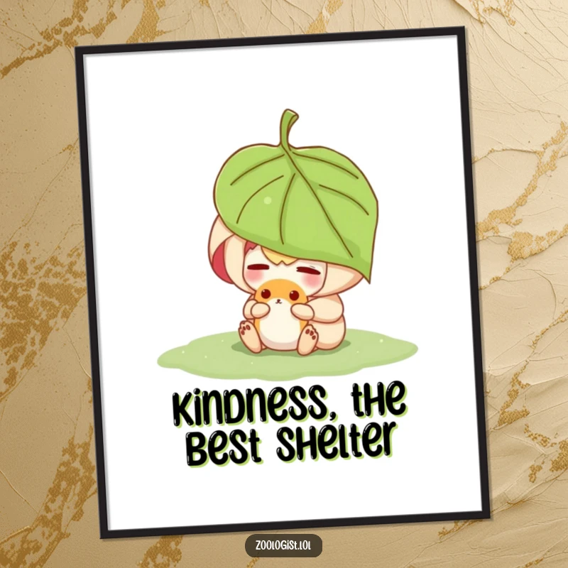 Funny Free Printable Wall Art: Character carefully shelters a small, cute animal under a large leaf, showing tenderness.