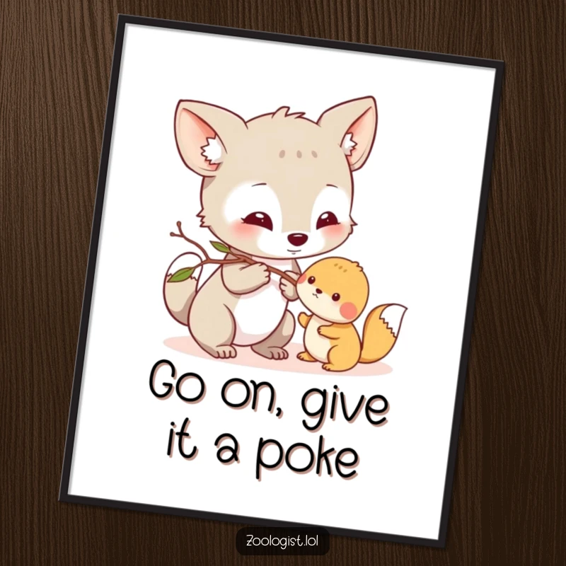 Funny Free Printable Wall Art: Curious animal character gently nudging a small creature with a twig, a heartwarming and humorous moment.