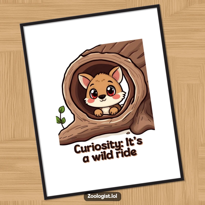 Funny Free Printable Wall Art: Curious animal with wide eyes peeking into a log, full of wonder.