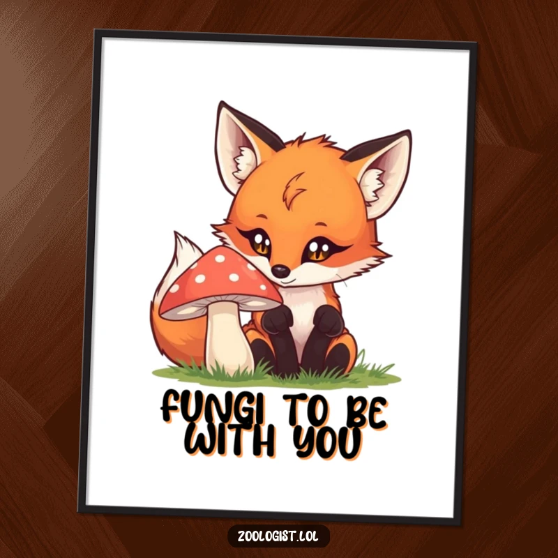 Funny Free Printable Wall Art: A curious fox with bright eyes intently examines a mushroom, bringing playful forest vibes.