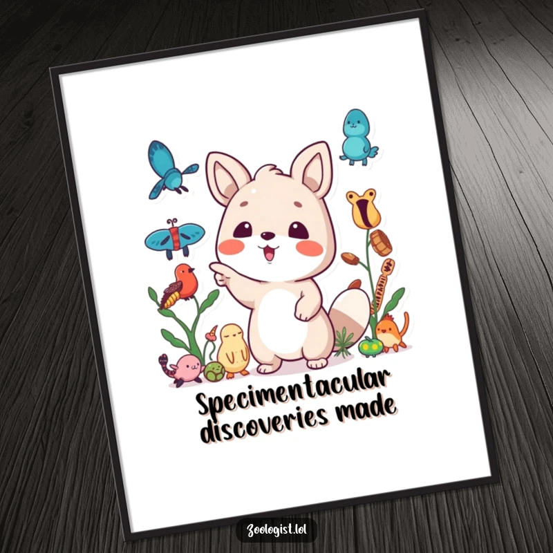 Funny Free Printable Wall Art: A cute animal character excitedly points at a diverse collection of interesting specimens, downloadable art.