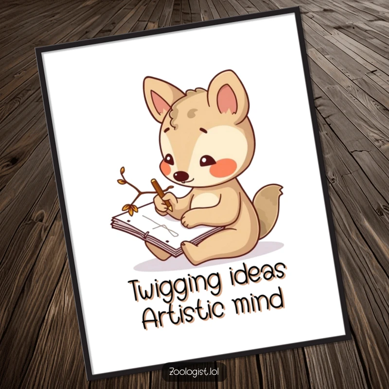 Funny free printable wall art depicting a curious animal artist sketching in a notepad with a twig.