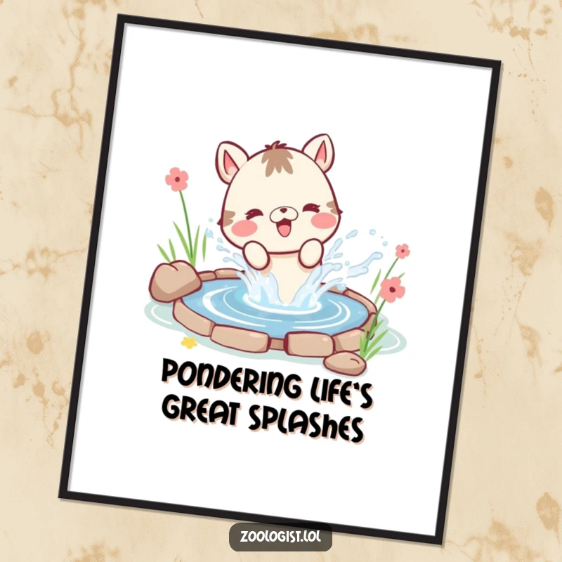 Funny Free Printable Wall Art: A cute animal character joyfully splashing water exuberantly from a small, glistening pond.