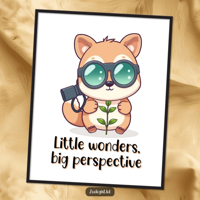 Funny Free Printable Wall Art: an animal zoologist with oversized binoculars intensely studying a tiny plant, quirky decor.