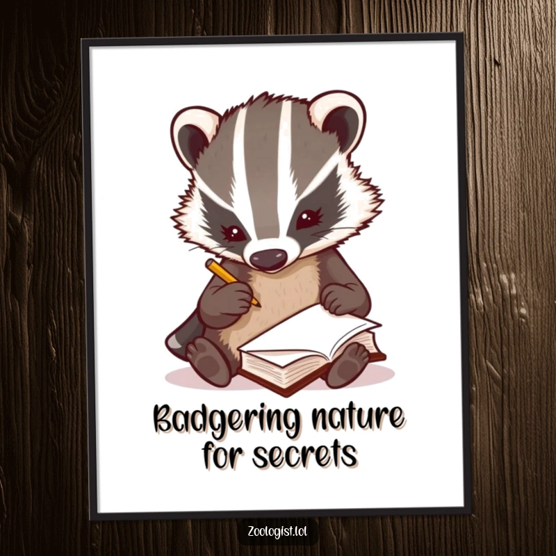 Funny Free Printable Wall Art: a curious badger zoologist fastidiously scribbling notes in a tiny book, intellectual art.