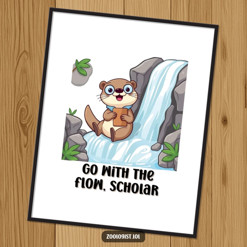 Funny free printable Kawaii otter zoologist joyfully sliding down a waterfall with a clipboard, embodying adventurous research.