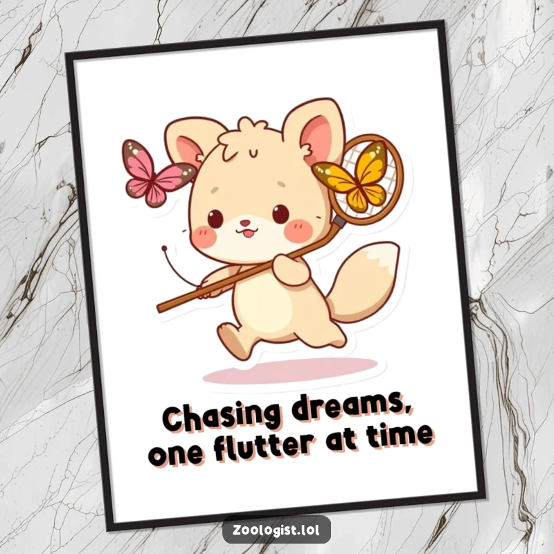 Funny Free Printable Wall Art featuring a cute animal character playfully chasing a butterfly with a net, bringing lively energy.