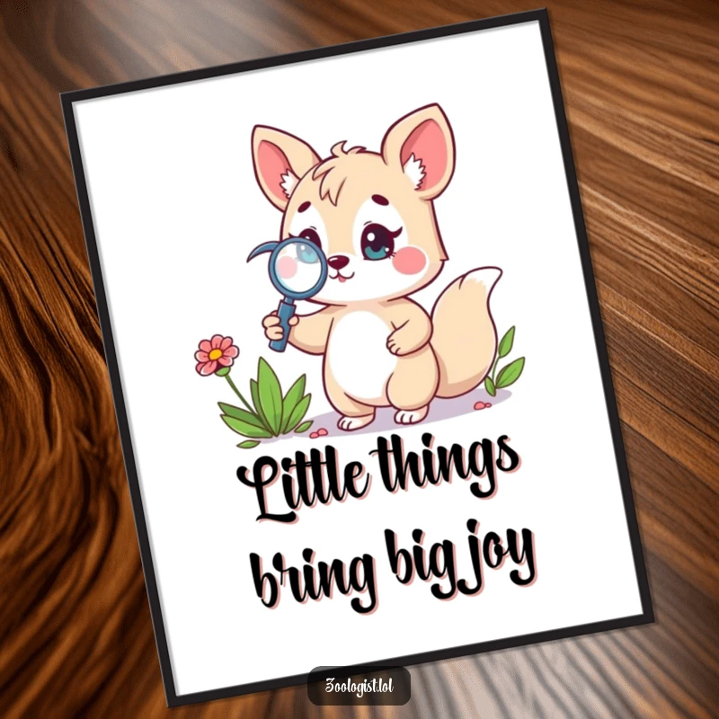 Funny Free Printable Wall Art featuring a cute animal character proudly holding a magnifying glass near a wildflower, evoking wonder.