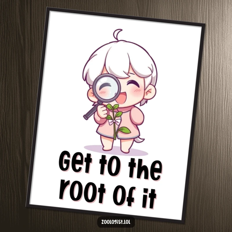 Funny Free Printable Wall Art: Character joyfully examining a plant with a magnifying glass, plant lover decor.