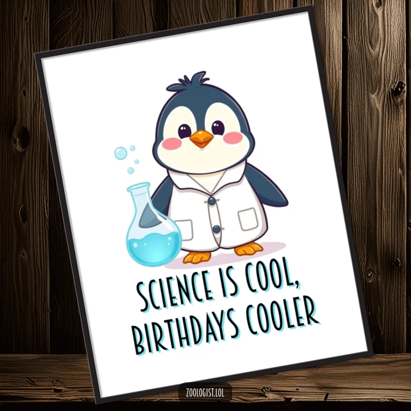 Funny free printable wall art: a penguin in a lab coat stares in surprise at a frothing, bubbling laboratory beaker.