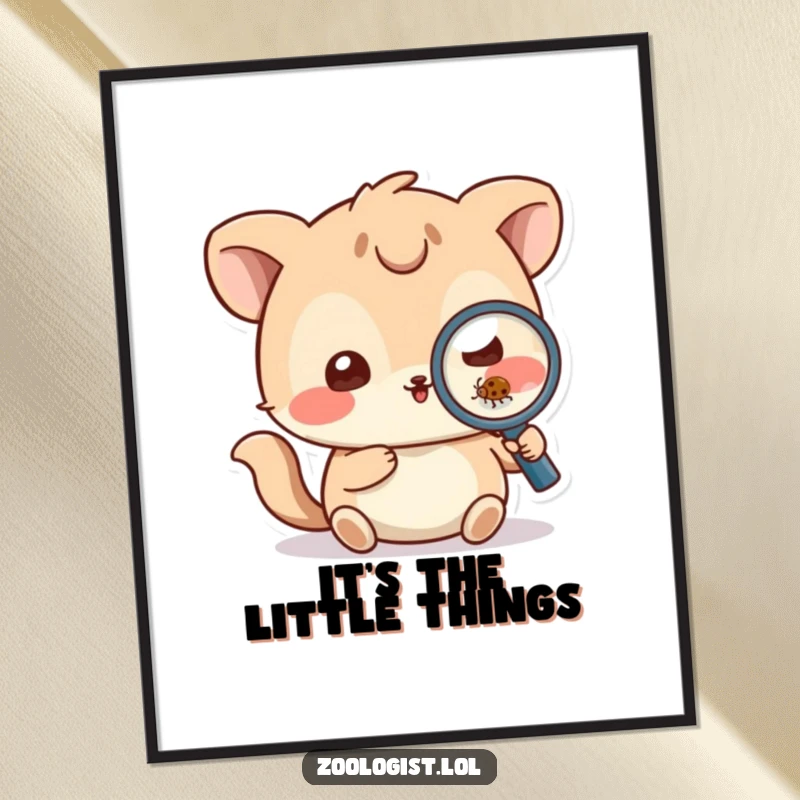 Funny Free Printable Wall Art: Playful animal character using a magnifying glass to scrutinize a tiny bug, a humorous focus on detail.