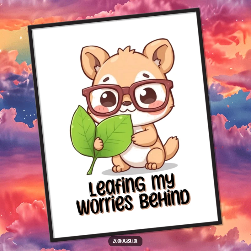 Funny Free Printable Wall Art: Cute animal character wearing oversized glasses, examining a leaf with intense curiosity, perfect for a study.