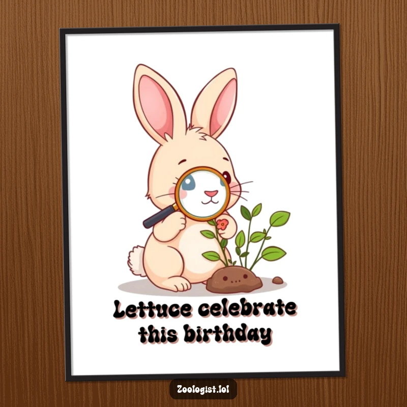 Funny free printable wall art: A cute rabbit using a magnifying glass to closely examine a plant, bringing humor to your walls.