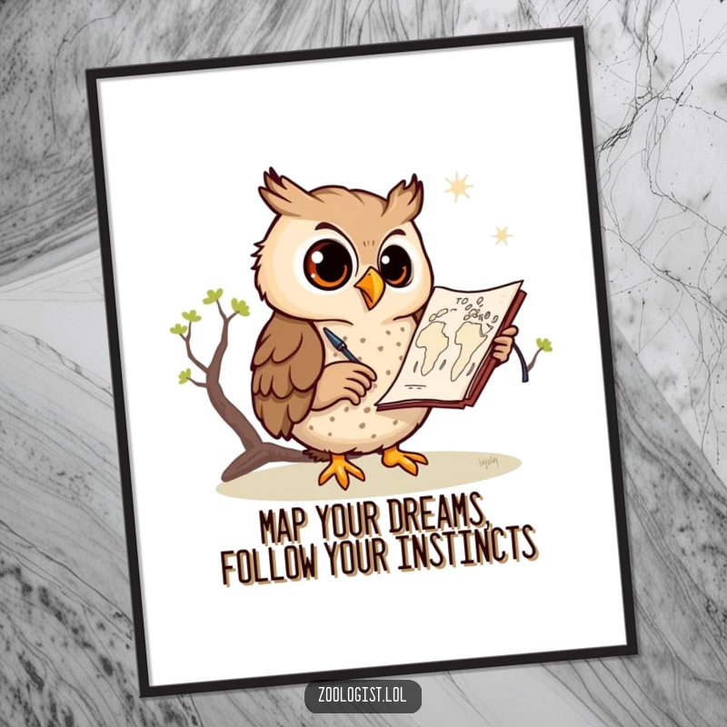 Funny free printable wall art: A whimsical owl with glasses deep in concentration, sketching a detailed map of the savanna with humor.