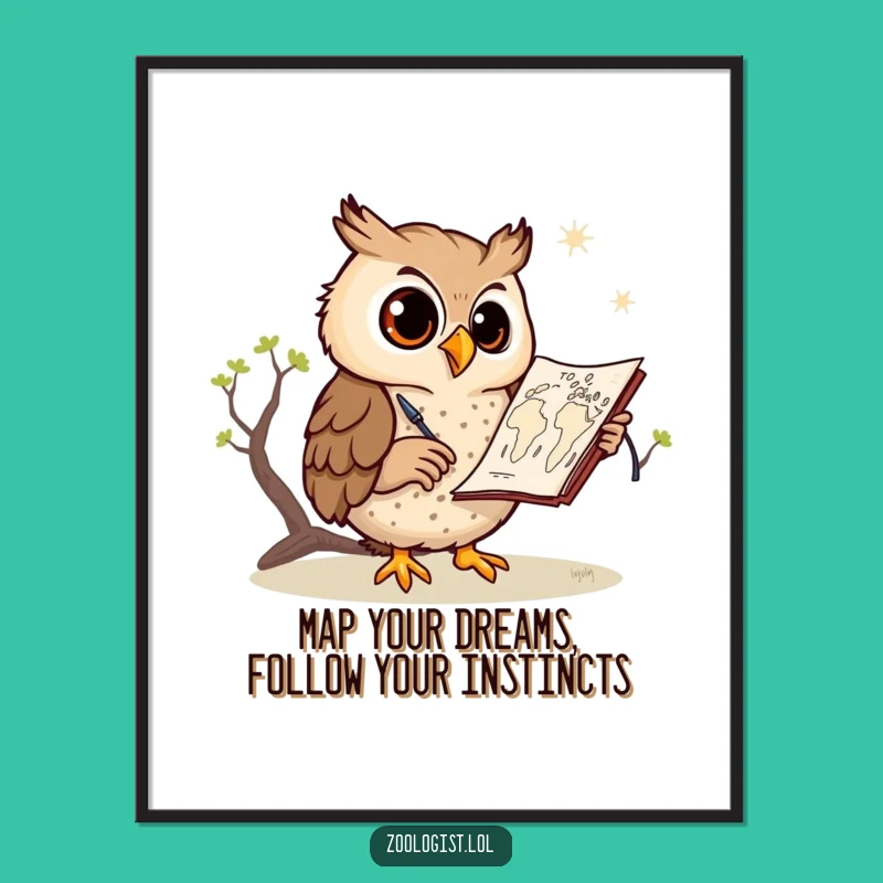 Funny Free Printable Wall Art: Cheerful Owl Sketching Savanna Map - Downloadable Art