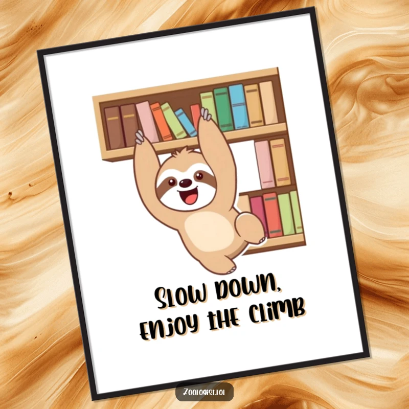 Funny free printable wall art: a delighted sloth dangles playfully from the edge of a bookshelf, radiating calm.