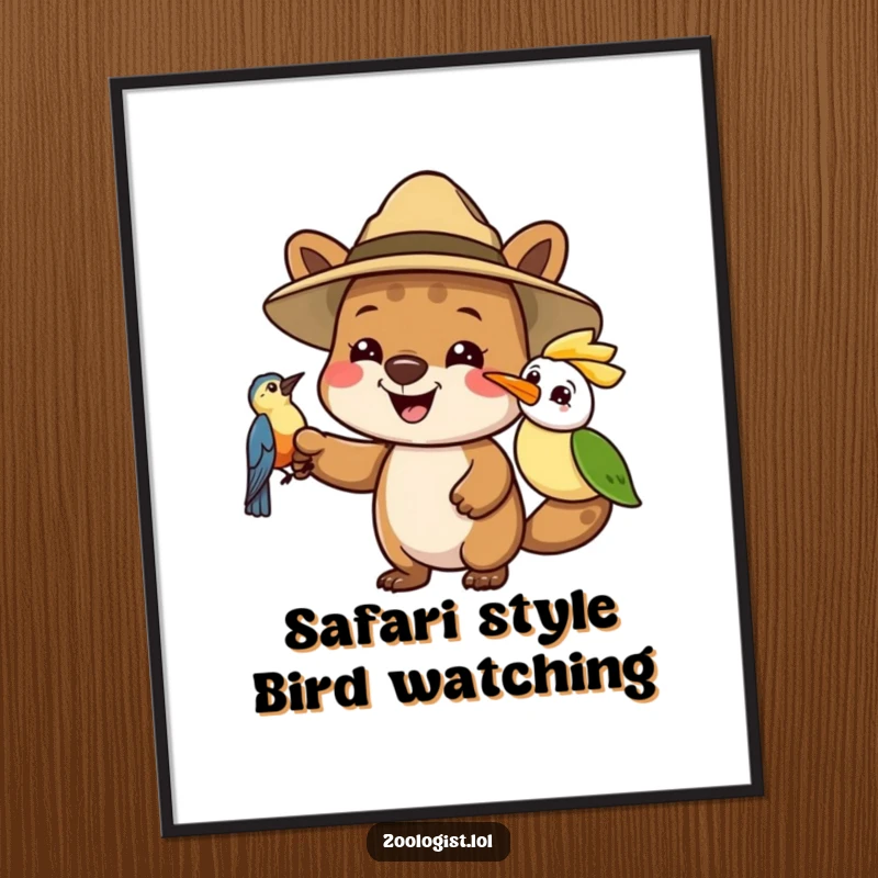 Funny free printable wall art of a joyful animal in a safari hat pointing at an interesting, small bird.